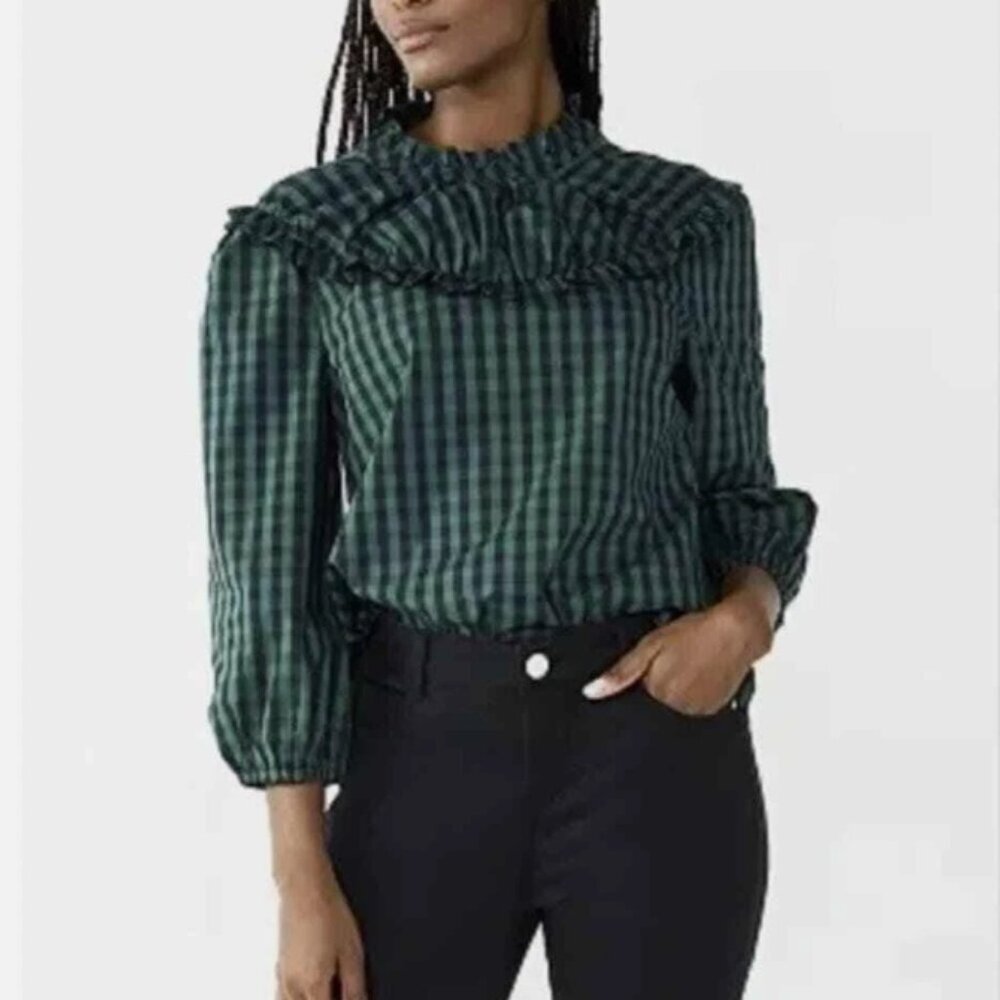 Draper James size XL Green Black Gingham Ruffle Neck Blouse Preppy Office Career
